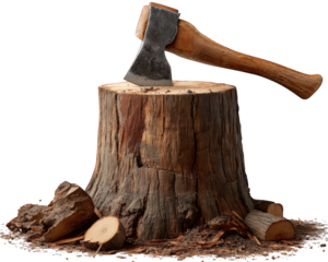 Axe wooden log stump lumberjack woodcutting timber chopping rustic outdoors tool rugged scene with axe embedded in wooden stump surrounded by wood chips and bark evoking hardworking atmosphere