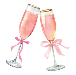 Pair of champagne glasses toasting. Toasting with a glass of pink champagne decorated with pink bows. Vintage coquette glasses with a drink. Vector illustration. © Narin