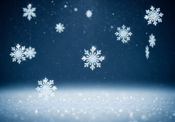 Sparkling Glittering Snowflakes Hanging and Falling in a Dark Blue Winter Wonderland with Bokeh Lights