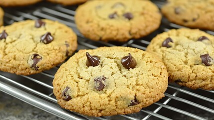 Closeup view of freshly baked chocolate chip cookies