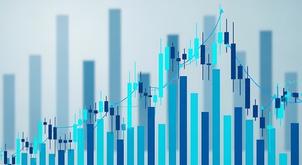 Blue and teal candlestick chart with bar graph overlay