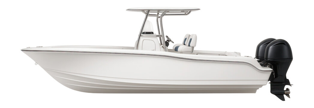 Center console boat with sleek fiberglass hull and dual outboard motors