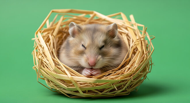 Adorable hamster sleeping peacefully in a cozy nest.
