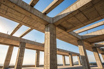 Obraz premium Concrete skeleton of a building under construction, featuring columns and beams against a blue sky.
