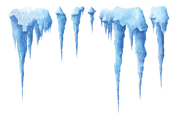 Set of watercolor ice icicles png.Hanging frozen icicles. Blue frozen ice. Winter natural ice elements. Set for illustration of big winter icicle.Vector illustration