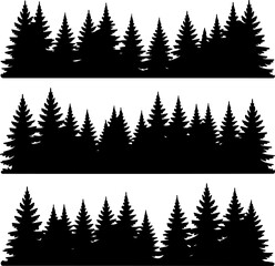 Three horizontal black silhouette strips of dense pine tree forests
