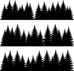 Obraz premium Three horizontal black silhouette strips of dense pine tree forests