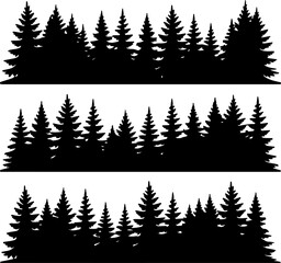 Obraz premium Three horizontal black silhouette strips of dense pine tree forests