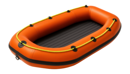 Inflatable rescue boat with grab lines and high-visibility color scheme
