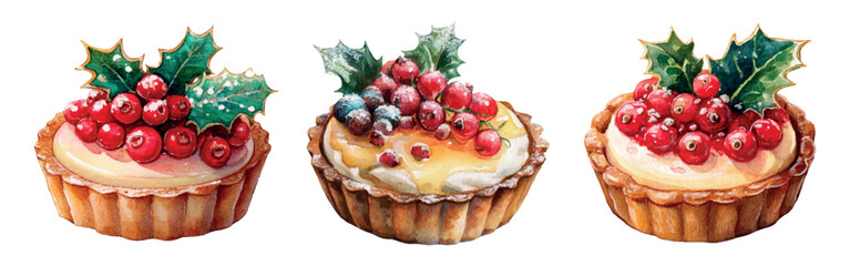 Watercolor sweet Christmas tartlets. A basket of shortbread cookies filled with a savory filling and decorated with cranberries or holly berries, with holly leaves. Savory Christmas pastries.