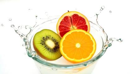Fresh citrus and kiwi slices splash with water for a healthy vibrant refreshment