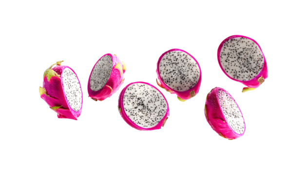 round slices of dragon fruit floating in midair