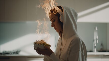 A woman in a hoodie gazes at a bowl of food engulfed in flames while wearing headphones