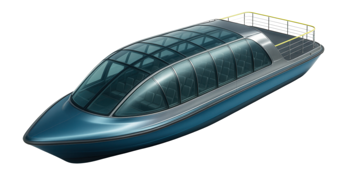Modern glass-enclosed ferry with a wide viewing deck and streamlined shape