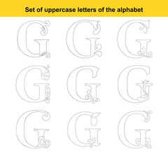 Collection of nine decorative uppercase letter G designs with ornate flourishes and scrollwork alphabet
