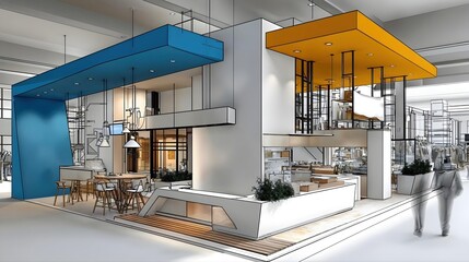 Stand d'exposition moderne avec îlots colorés bleu et orange dans un salon