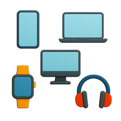 3D Render of Various Electronic Devices Including Smartphone Laptop Desktop Computer Smartwatch and Headphones on a Black Background Modern Technology Concept