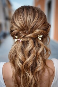 Coiffure de mariage elegante avec tresse et accessoires floraux dores