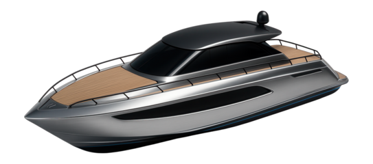 Sleek motor yacht with a streamlined hull and tinted panoramic windows