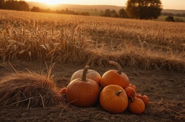 Kürbisse auf dem Feld bei Sonnenuntergang – herbstliche Ernteszene in ländlicher Umgebung mit goldener Abendstimmung und Feld im Hintergrund
