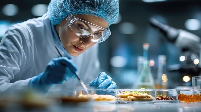 Focused scientist analyzing food samples in laboratory, ensuring quality and safety with meticulous care during innovative food research and development processes