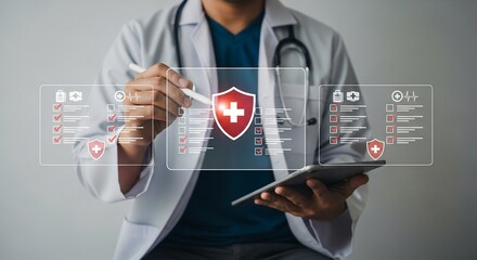 Doctor using digital tablet to review patient health data with futuristic medical interface and shield icon