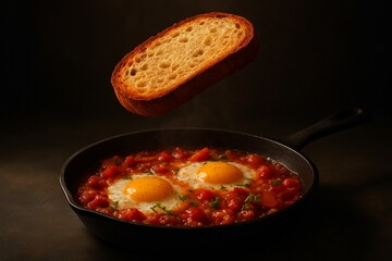 A whimsical slice of toast levitating over a cozy shakshuka breakfast.