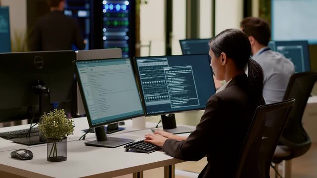 Two system administrators collaborating in a modern data center, inspecting server hardware while analyzing data displayed on computer screens, ensuring optimal performance and security