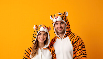 A smiling couple in tiger kigurumi pajamas on orange background with copy space. Сarnival concept.