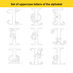 Nine decorative uppercase letter I designs with ornate flourishes and classic scrollwork elements alphabet