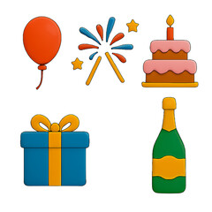 Festive Celebration Elements Balloon Fireworks Cake Gift and Champagne on Black Background for Birthday or Holiday Joy