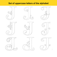 Nine distinct ornate uppercase letter J designs with intricate decorative swirls and leaves alphabet