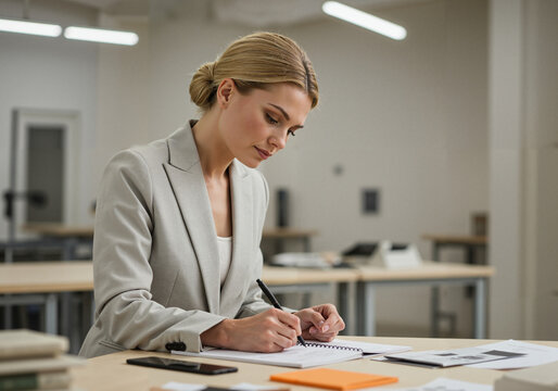 Businesswoman writing notes while working at desk in office environment  
