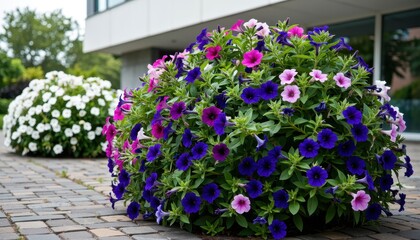 Vibrant flower arrangement in urban garden outdoor floral display colorful petunias contemporary setting