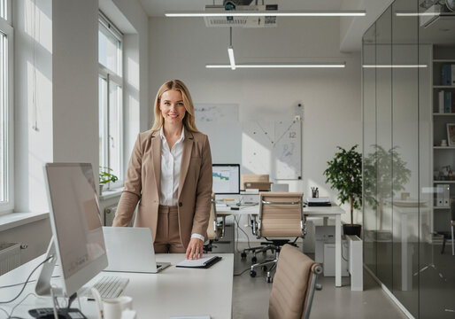 Professional woman standing in modern office with laptop and plants  