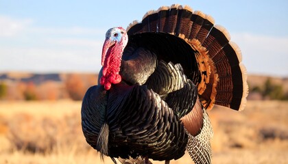 Wild turkey portrait in field