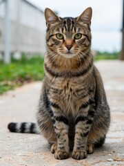 Obraz premium Cat posing charmingly on pathway outdoor setting animal photography natural environment close-up perspective