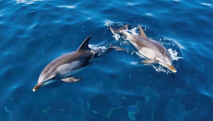 Fototapeta premium Dolphins swimming gracefully in the ocean nature photography serene environment aerial view wildlife concept