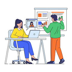 Digital Business Presentation: Illustrative, a dynamic portrayal of a virtual team, using laptops and screens for collaboration. A person is presenting.