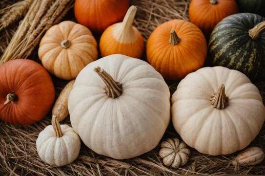 Verschiedene K&uuml;rbisse in herbstlichen Farben auf Holzuntergrund &ndash; bunte Erntemischung mit dekorativen Formen und Texturen aus der Natur