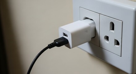 Modern White USB Power Adapter Plugged into a Wall Electrical Socket