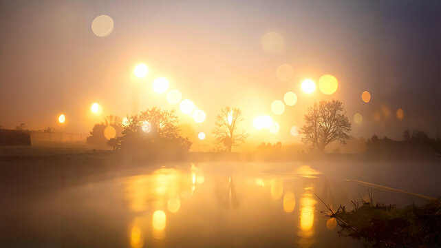  A serene and ethereal landscape with a calm body of water reflecting a soft, golden light and a string of glowing bokeh orbs suspended in the misty air above the silhouettes of trees. - Powered by Adobe