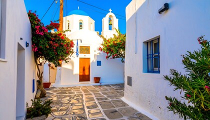 Naklejka premium Whitewashed village alley with church