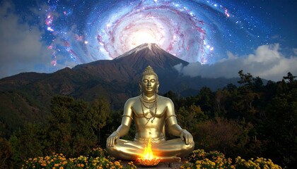 Fototapeta premium Golden statue meditation nature scene