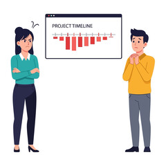 Project Timeline Dispute: An illustration that depicts a tense scene where a frustrated individual confronts another individual standing before a project timeline.