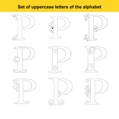 Set of Nine Ornate Uppercase Letter P Designs with Flourishes and Swirls alphabet capital