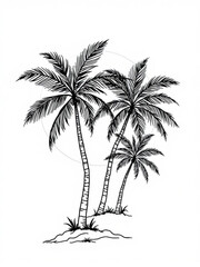 Obraz premium Minimilist three palm trees on a small island with a faint circle in the background in a black and white drawing vector