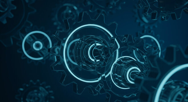 Abstract digital rendering of interconnected gears and cogs, glowing with a blue light on a dark background.
