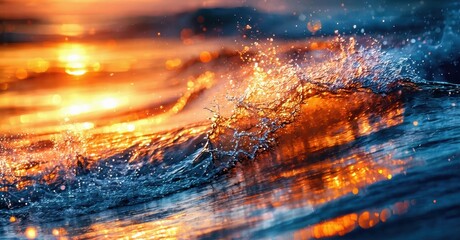 Fototapeta premium Ocean waves crash, vibrant colors blend. Fiery orange meets cool blue, creating dramatic splash effect. Sunlight glistens, beautiful scene.