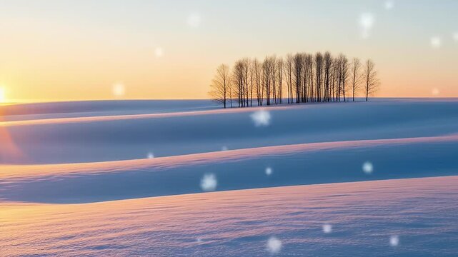 Serene winter landscape with gentle animated snowflakes falling over rolling snow covered hills during a beautiful golden sunset or sunrise